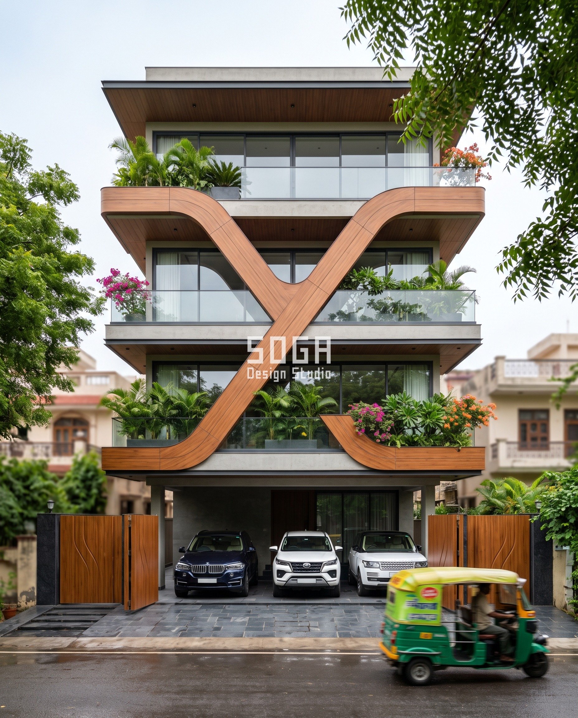 Flood Resistant House Design India 2026: Dubai & Singapore 1 Jaipur G+3 builder floor with a teak sweeping-ribbon facade over a raised stilt plinth and a bunded gate threshold for monsoon cloudburst runoff