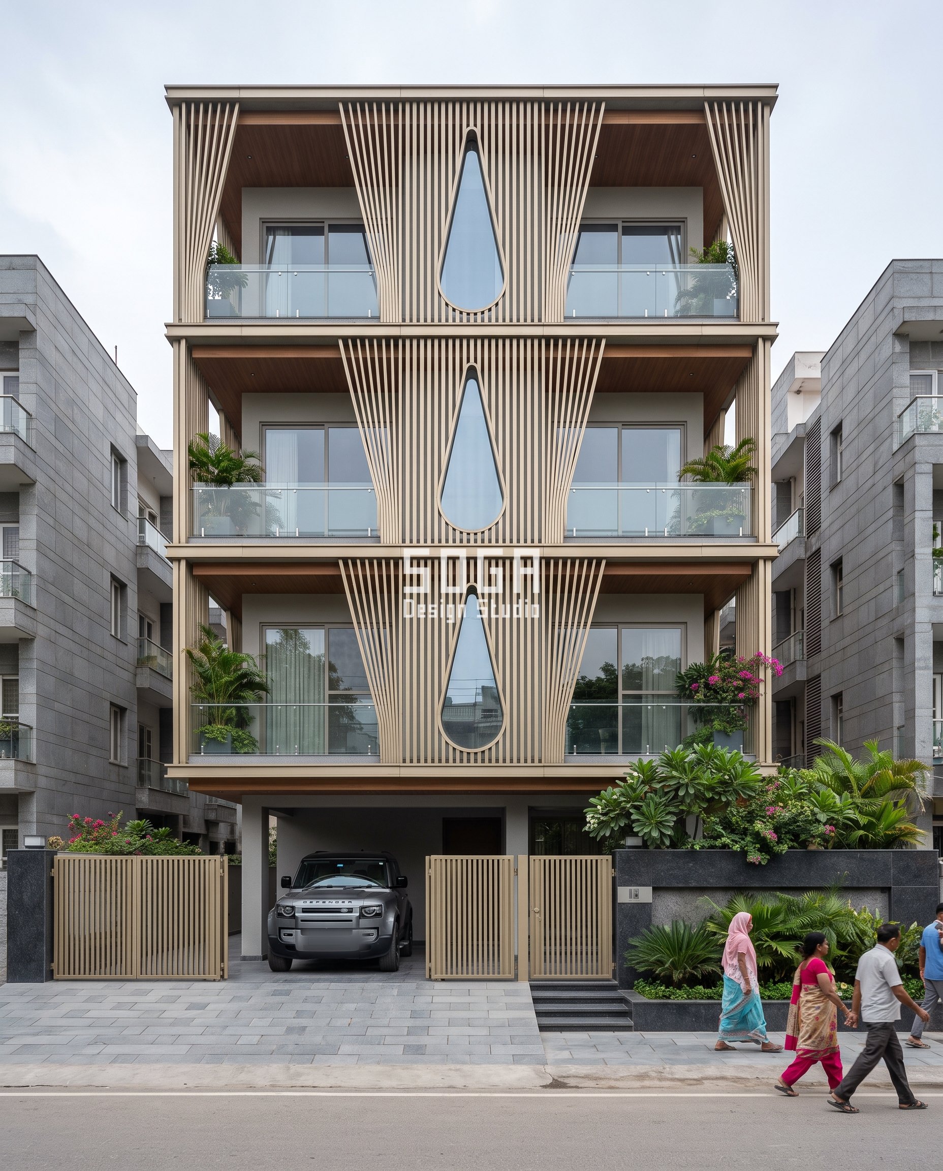 Fire Rated Villa Facade Cladding 2026: 4 Markets Compared 4 Lucknow builder-floor house, Chunari Niwas, champagne PVD stainless steel curtain fins parting to a teardrop window
