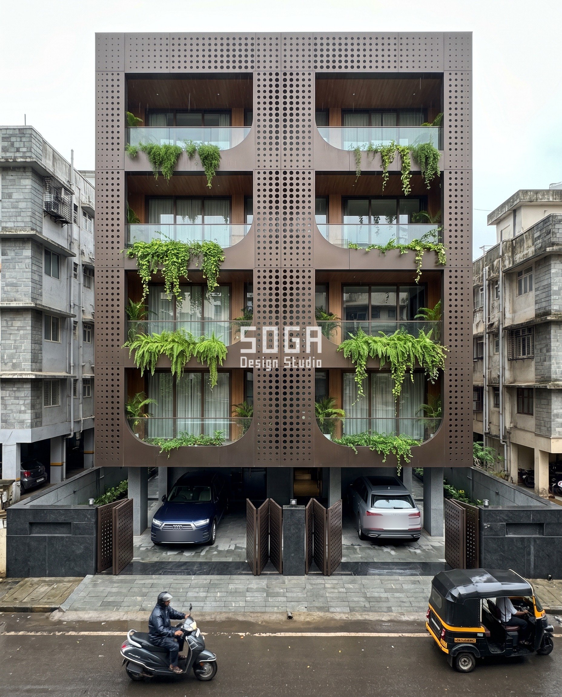 Villa EV Charging Carport Design 2026: India, UAE, Singapore 1 Mumbai Bandra builder-floor residence with dark bronze porosity-gradient facade and cantilevered EV-charger carport canopy