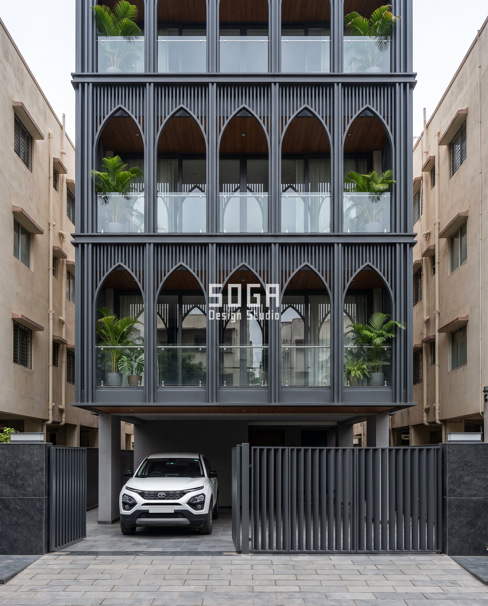 Fire Rated Villa Facade Cladding 2026: 4 Markets Compared 11 Pune builder-floor house, Mehrab House, charcoal anodised aluminium lancet-arch fins, six per floor