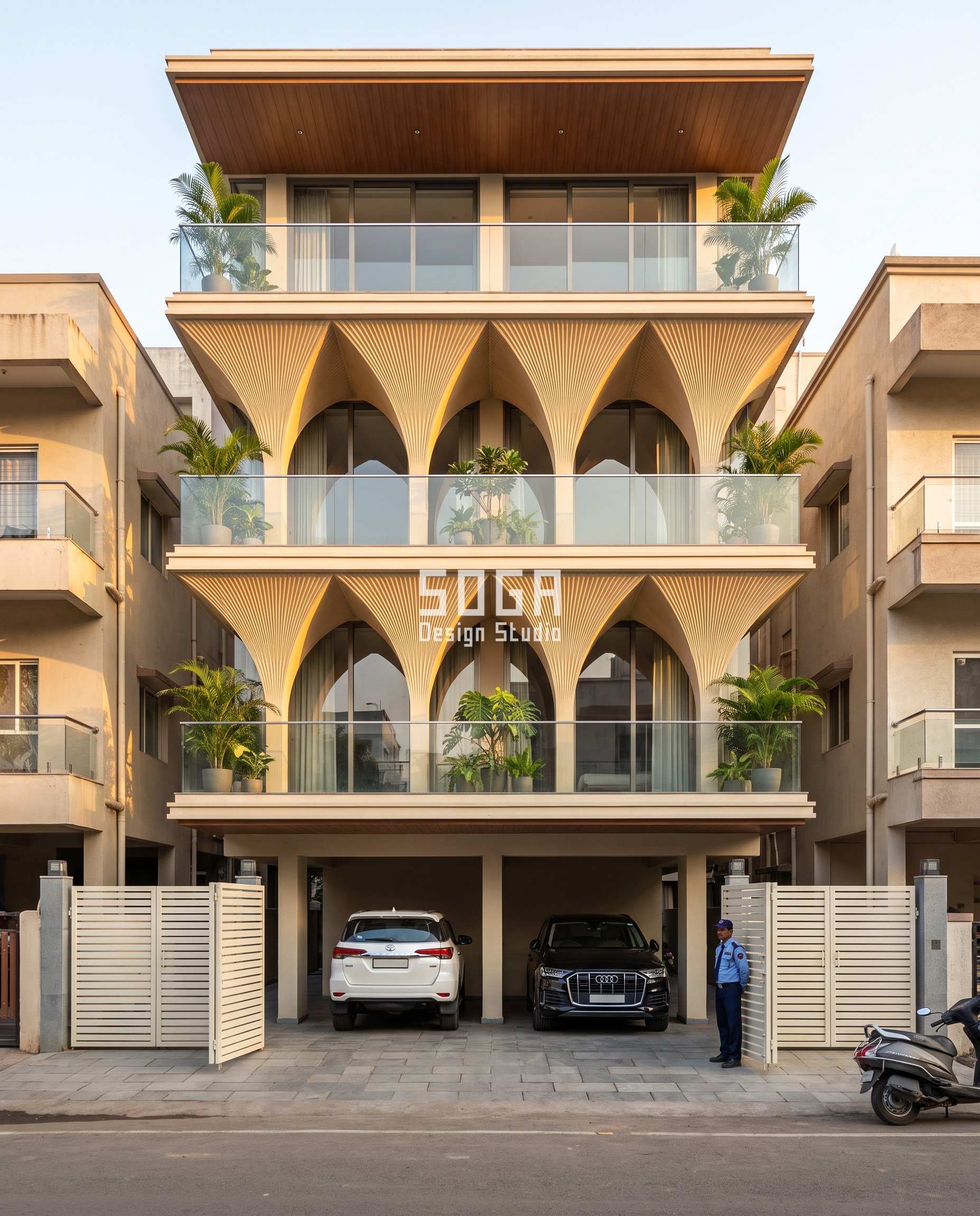 Villa EV Charging Carport Design 2026: India, UAE, Singapore 3 Singapore villa with ivory-beige folded-vault arch facade and hybrid portal-frame EV-charger carport canopy