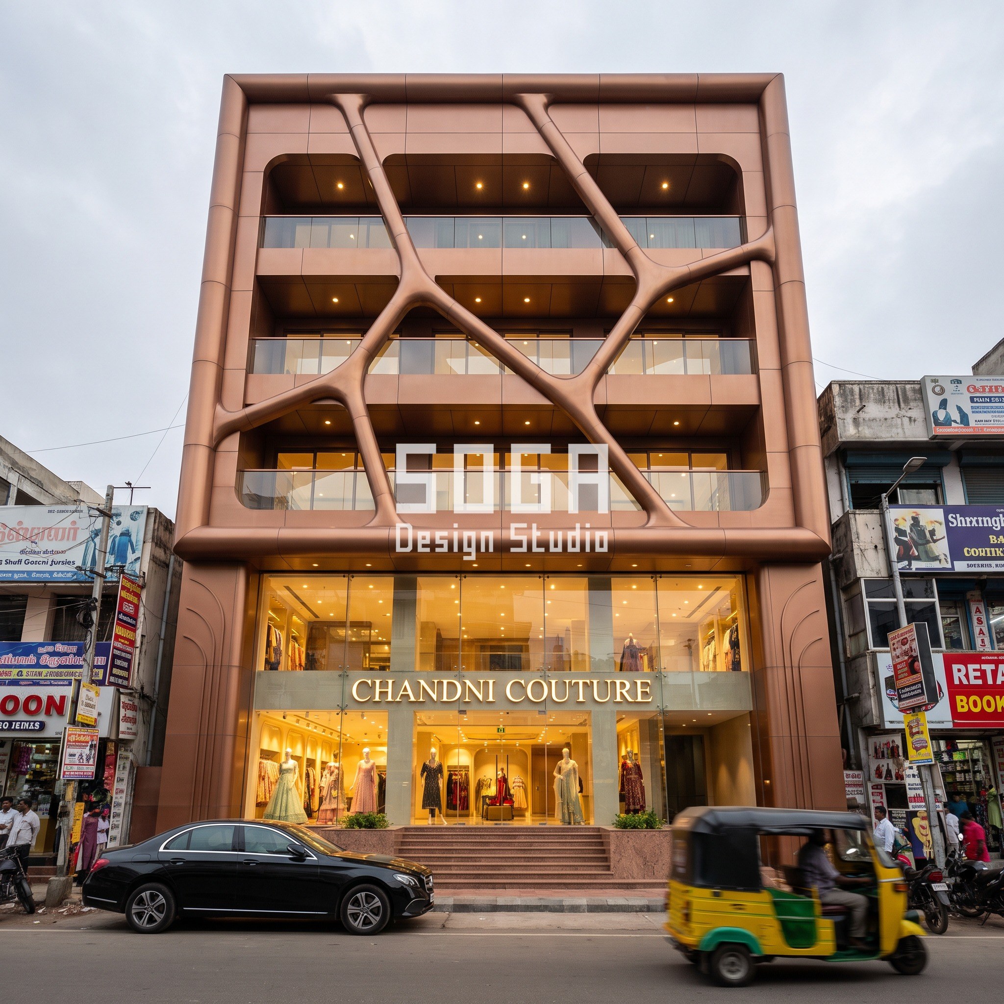 Chandni Couture copper-bronze organic-frame facade design Chennai retail flagship