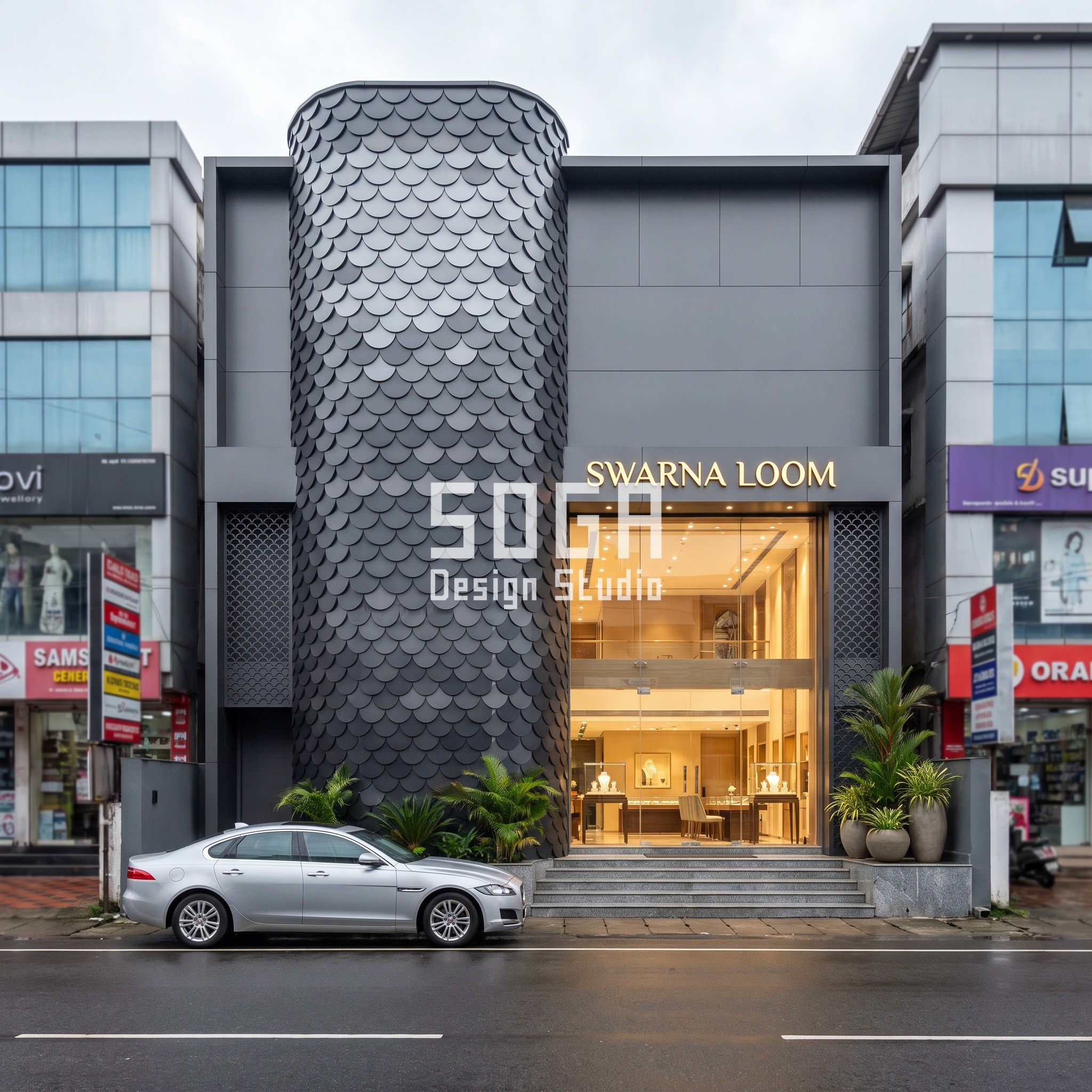 Swarna Loom charcoal shingle gradient facade design Kochi jewellery showroom