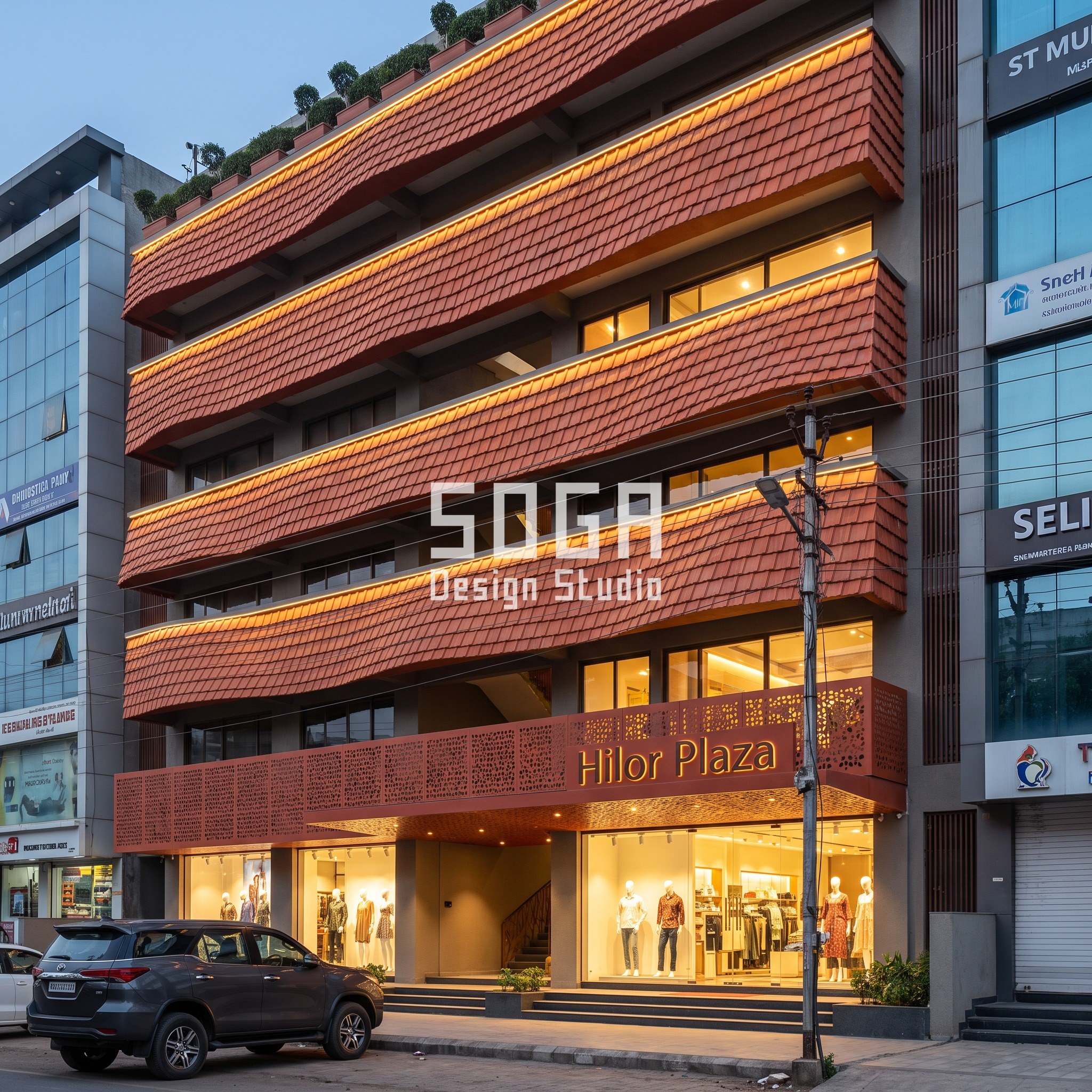 Hilor Plaza terracotta shingle sine-wave facade design Surat mixed-use building