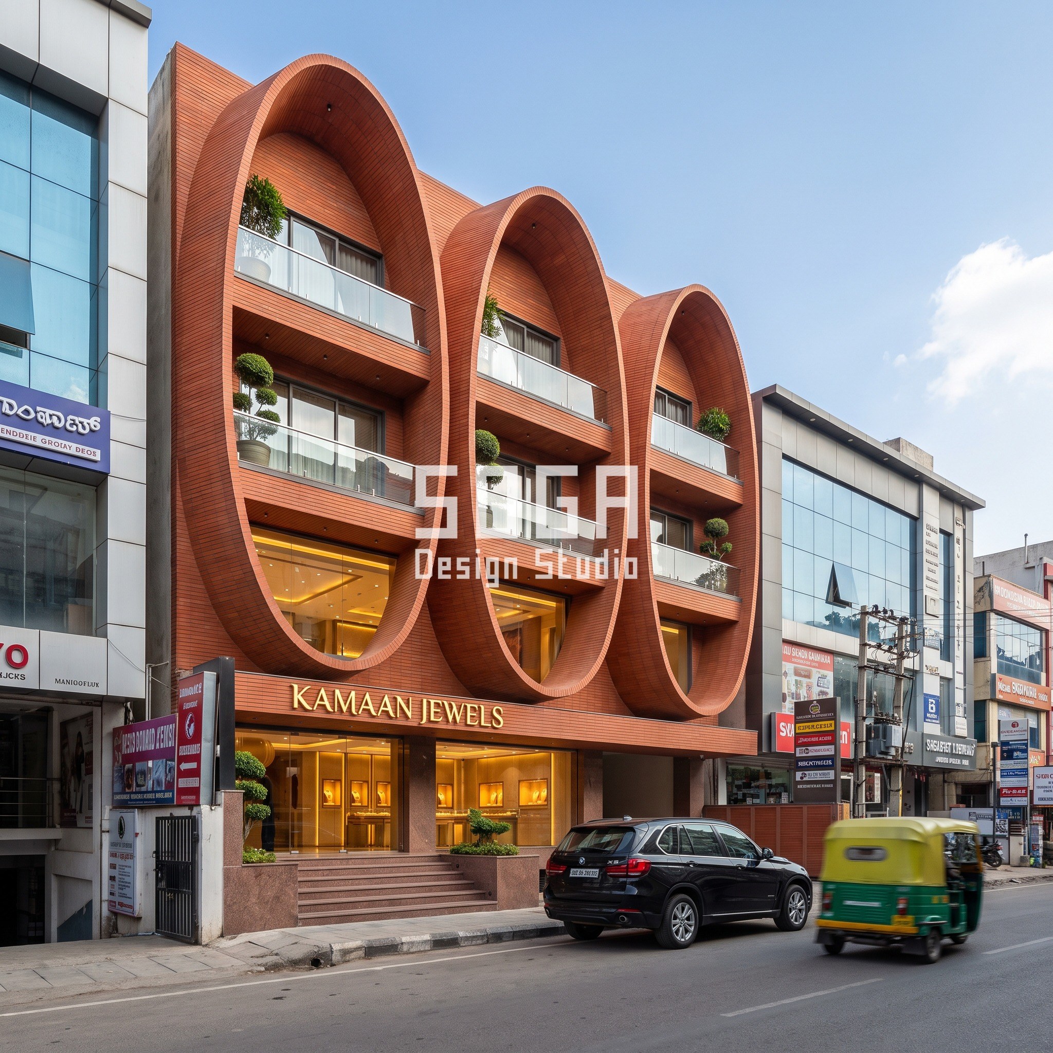 Kamaan Jewels terracotta elliptical-loop facade design Bengaluru jewellery flagship