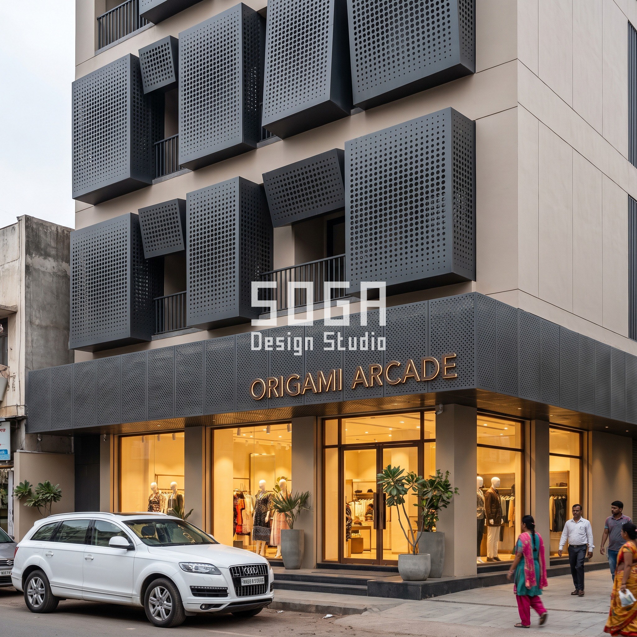 Origami Arcade perforated tilted-box facade design Ahmedabad mixed-use building