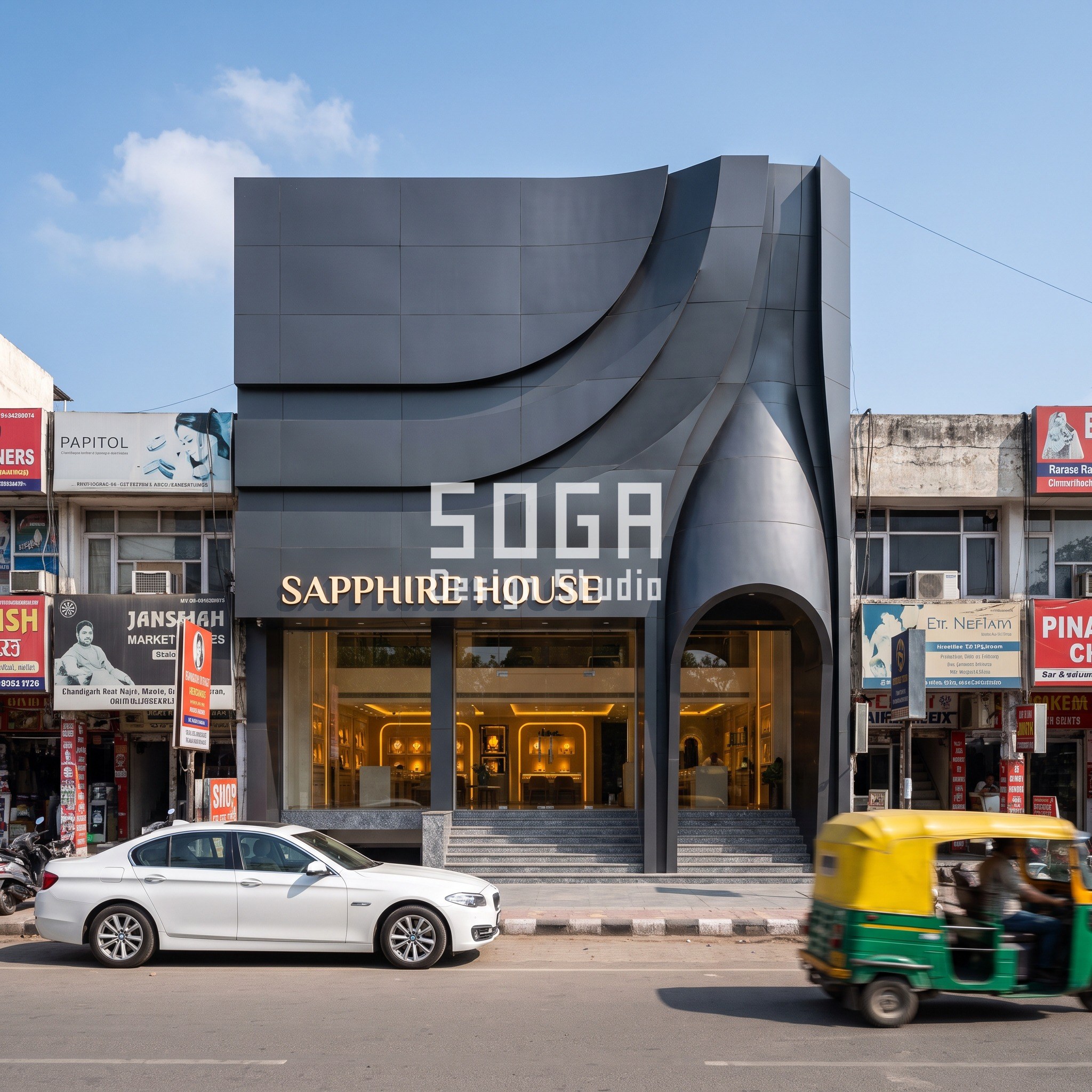 Sapphire House jewellery flagship facade in Chandigarh with a sweeping crest panel
