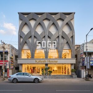 Kalash House bridal couture flagship facade in Chennai with a rib-vault arcade