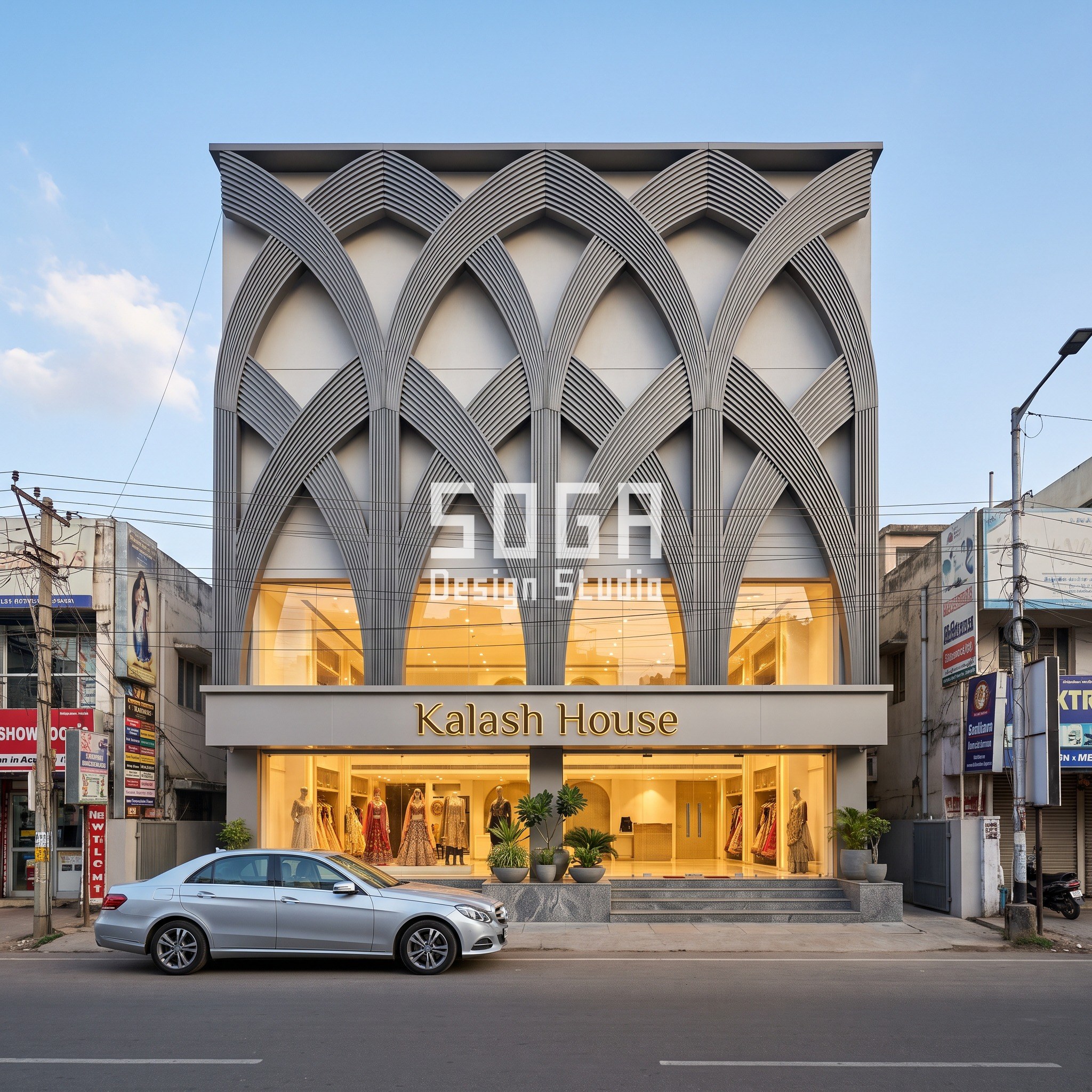 Kalash House bridal couture flagship facade in Chennai with a rib-vault arcade