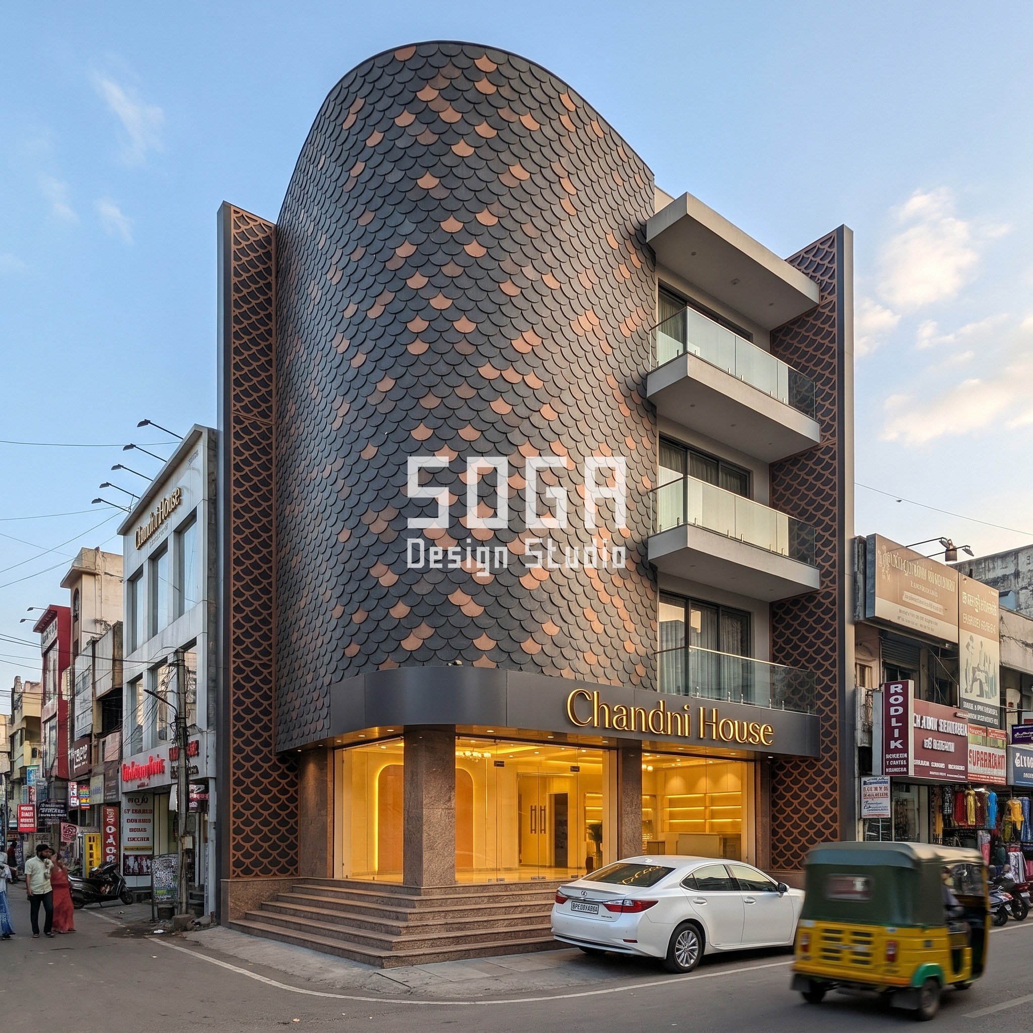 Chandni House bridal couture flagship facade in Chennai with a charcoal-and-copper scale hero volume