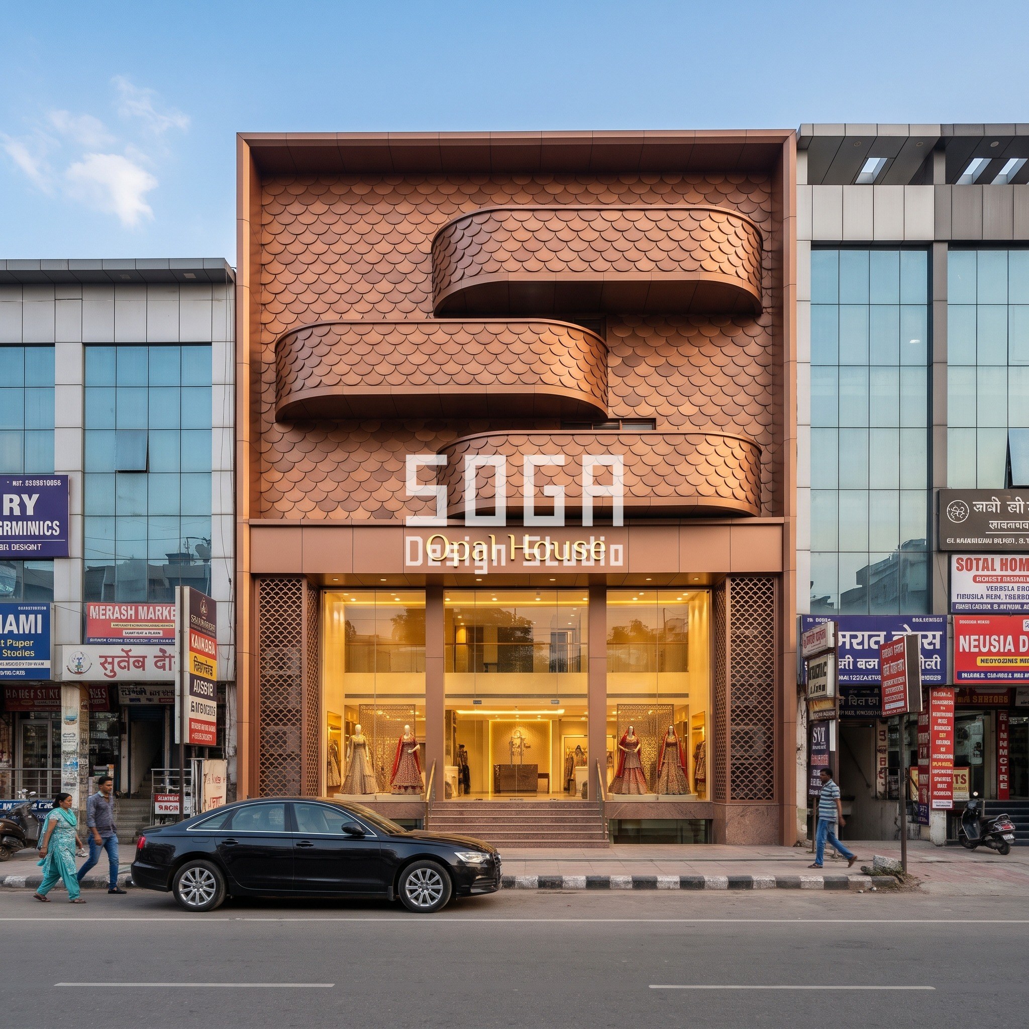 Opal House bridal couture flagship facade in Gurugram with copper-bronze scale trays