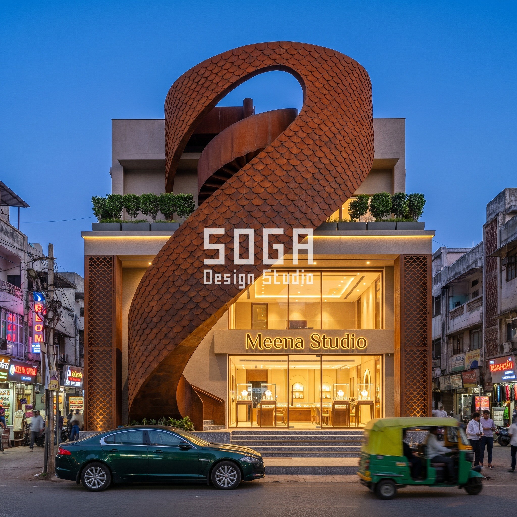 Meena Studio jewellery flagship facade in Surat with a twisting corten shingle shell