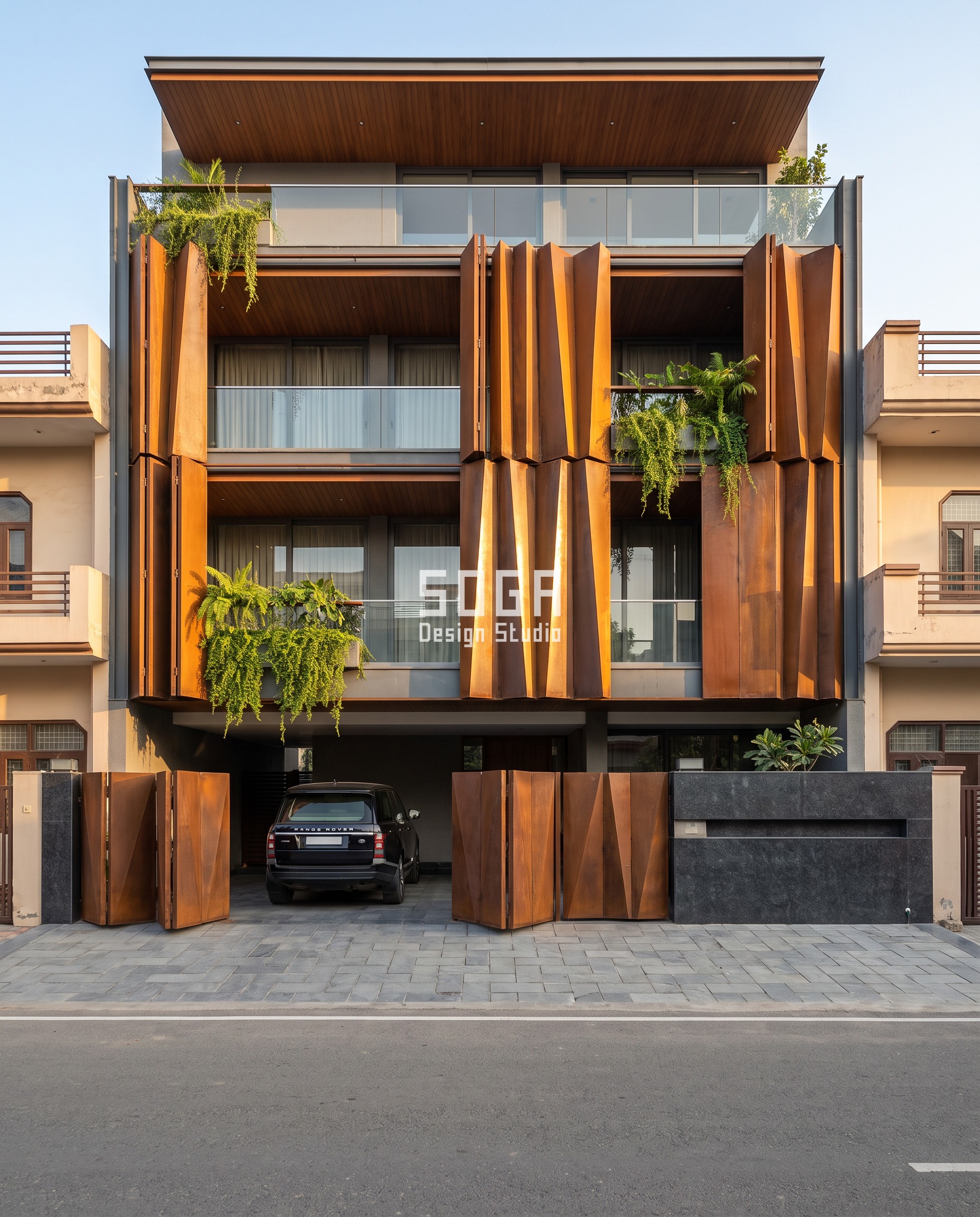 Parametric facade design in Ludhiana: a weathered Corten-steel folded screen wall splits diagonally across this G+3 builder-floor residence, facet tilt grading from 4 degrees near the ground to 23 degrees at the top, a 5.75x spread, so each facet catches the golden-hour light differently.