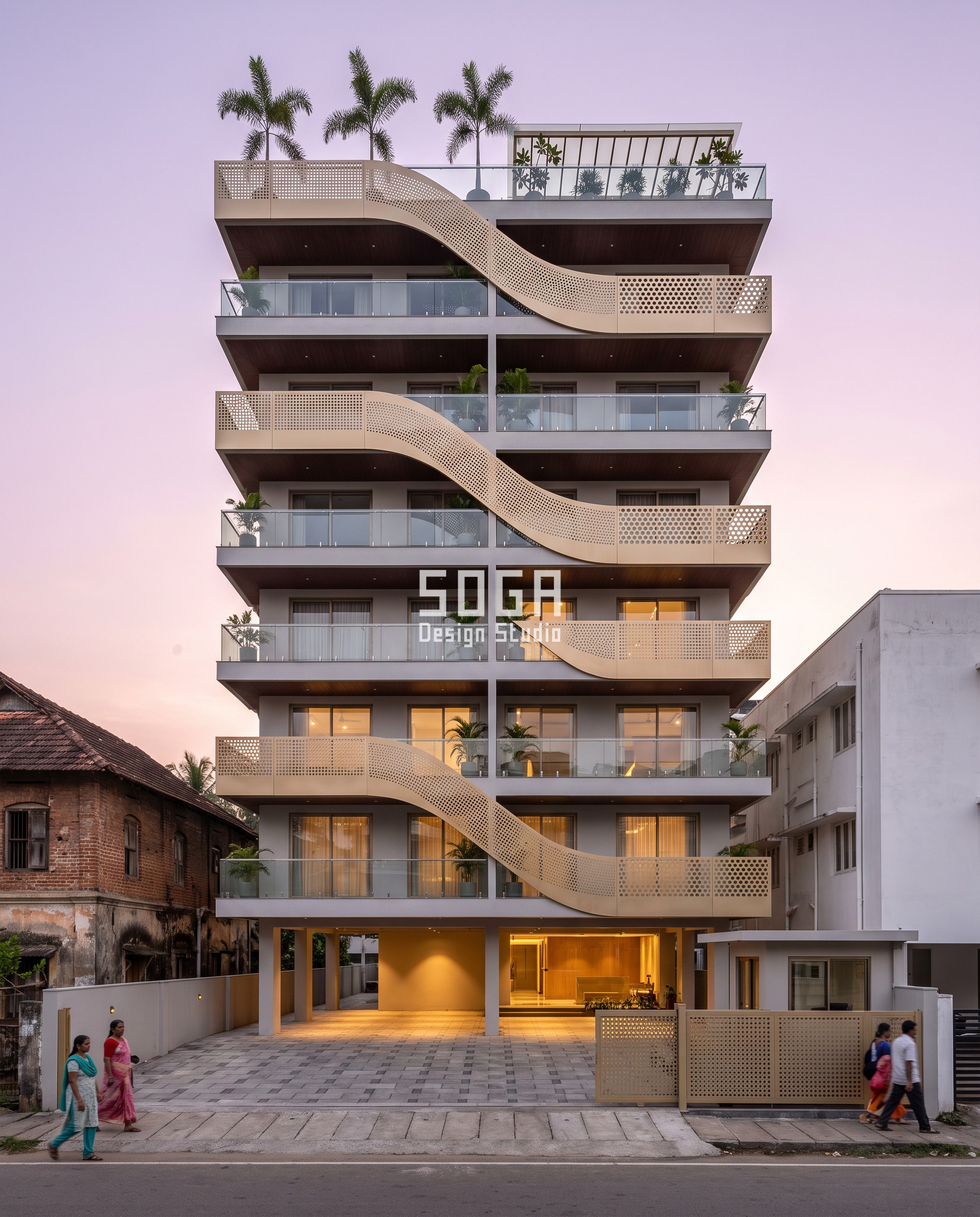 Facade Finish Options India: 5 Metal Systems Compared 1 Parametric facade design in Kochi: a champagne-gold perforated stainless steel ribbon sweeps in an S-curve down this G+9 apartment building, its perforation holes grading from a fine 12mm mesh at the top to fist-sized 100mm voids near the base.