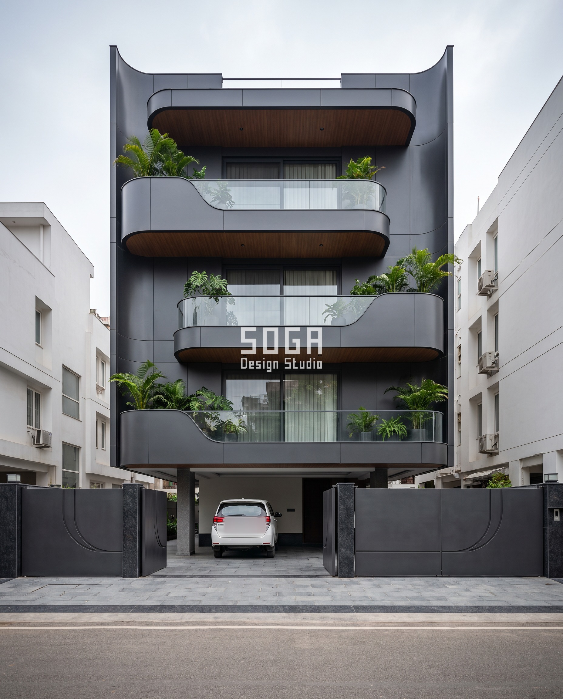 Continuous Facade Gesture: One Move Across Every Floor 3 One continuous facade gesture across floors in India - charcoal aluminium balcony trays on this South Delhi builder floor step out by 1000 mm per level, cumulative to 3 m at the top.