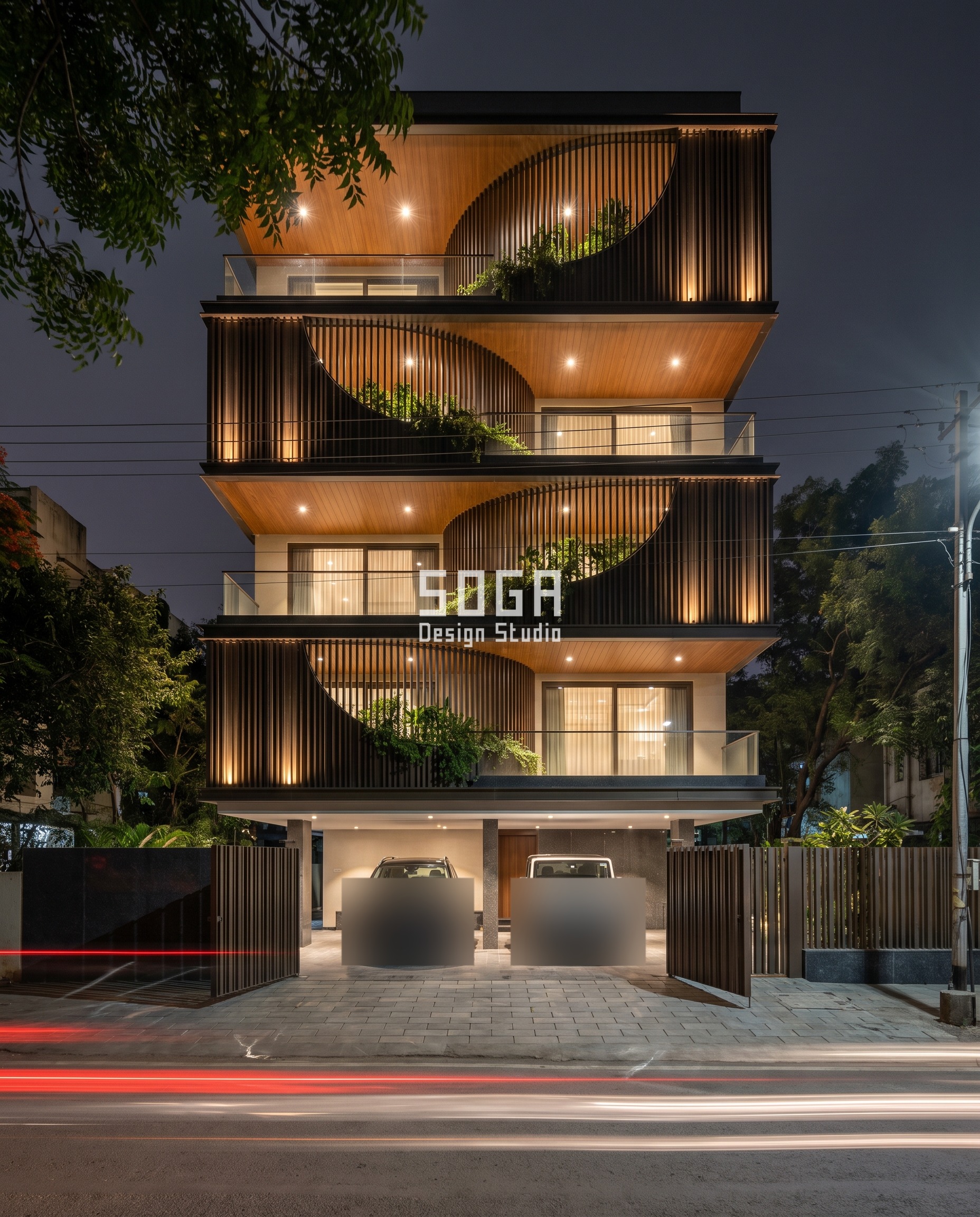 Textured vs Smooth House Facade Design: India Guide 2 Dark bronze louver facade in Pune with 80x275mm vertical fins at 130mm centres, alternate floors carved into crescent cuts that flip direction - a textured house facade design driven by sun and street privacy, textured vs smooth house facade design india.