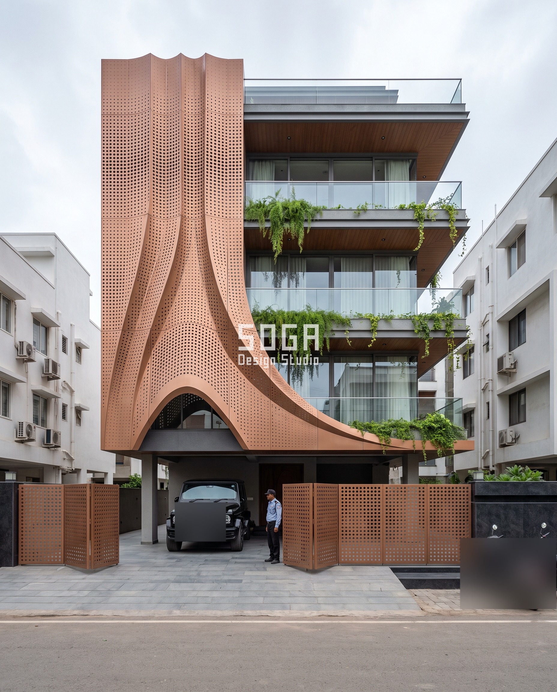 Textured vs Smooth House Facade Design: India Guide 3 Copper-bronze perforated facade wrap in Ahmedabad with perforation holes grading 20mm to 70mm across a sweeping sculptural crest over the entrance arch - an example of textured vs smooth house facade design india shaped by shadow and airflow.