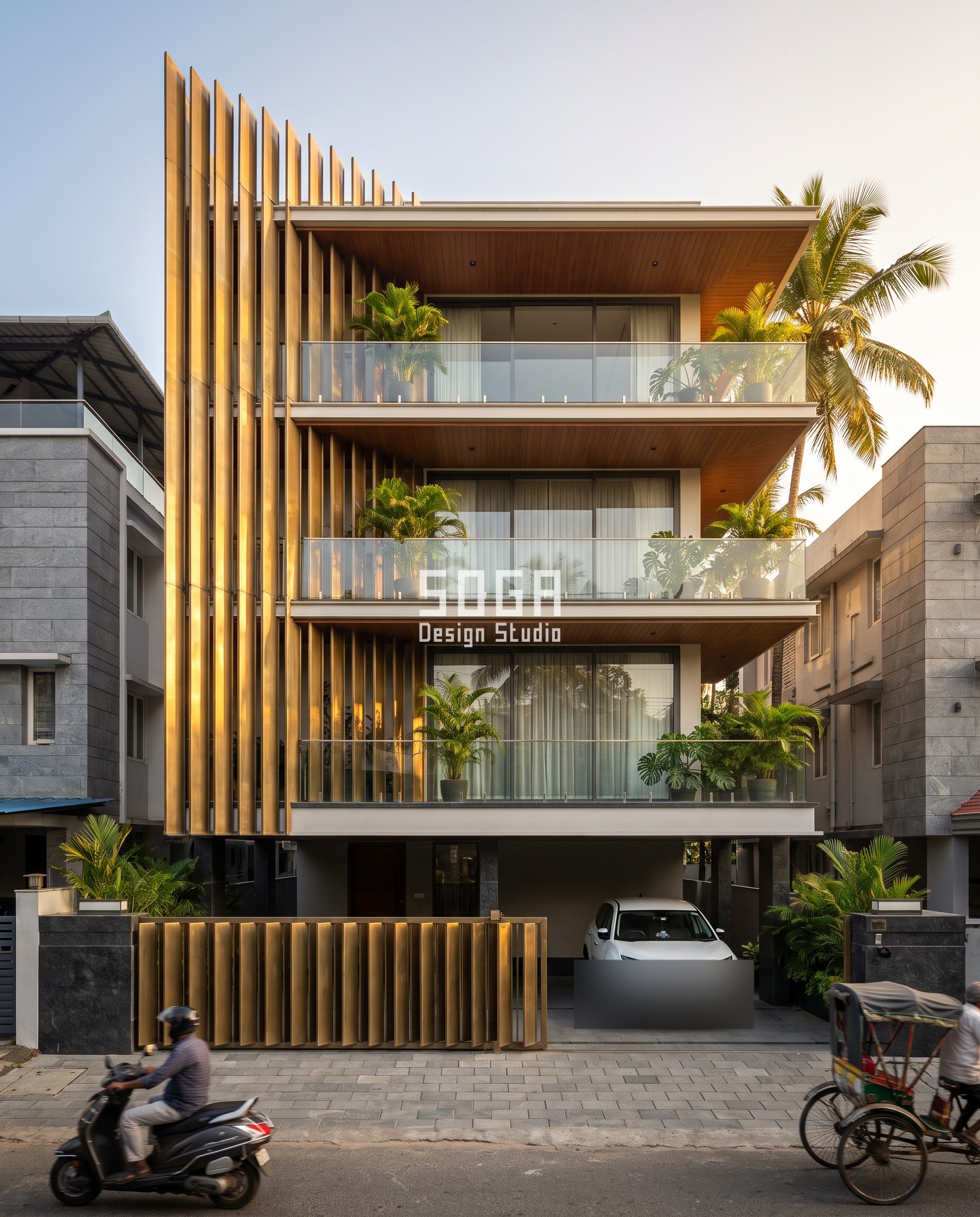 Textured vs Smooth House Facade Design: India Guide 4 Antique brass vertical fin facade in Kochi, 40x200mm fins tapering from 650mm deep at the base to a knife edge at the top near the entrance - a textured house facade design example for Kerala sun and monsoon, textured vs smooth house facade design india.