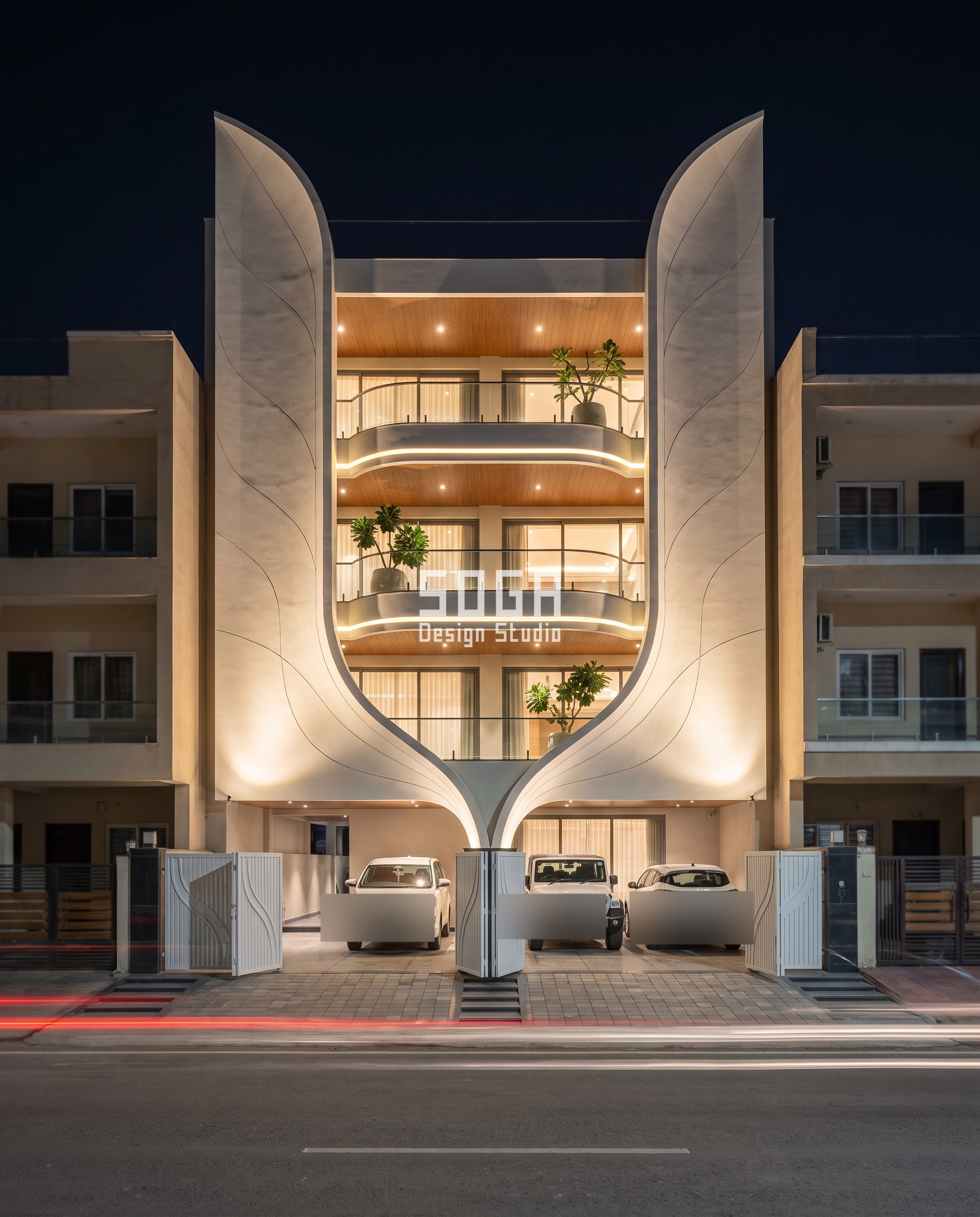 Textured vs Smooth House Facade Design: India Guide 1 White GFRC monumental U-shaped frame facade on a G+3 Indore builder floor, one smooth sculptural gesture framing stacked curved balconies at night - a smooth house facade design example in the textured vs smooth house facade design india debate.