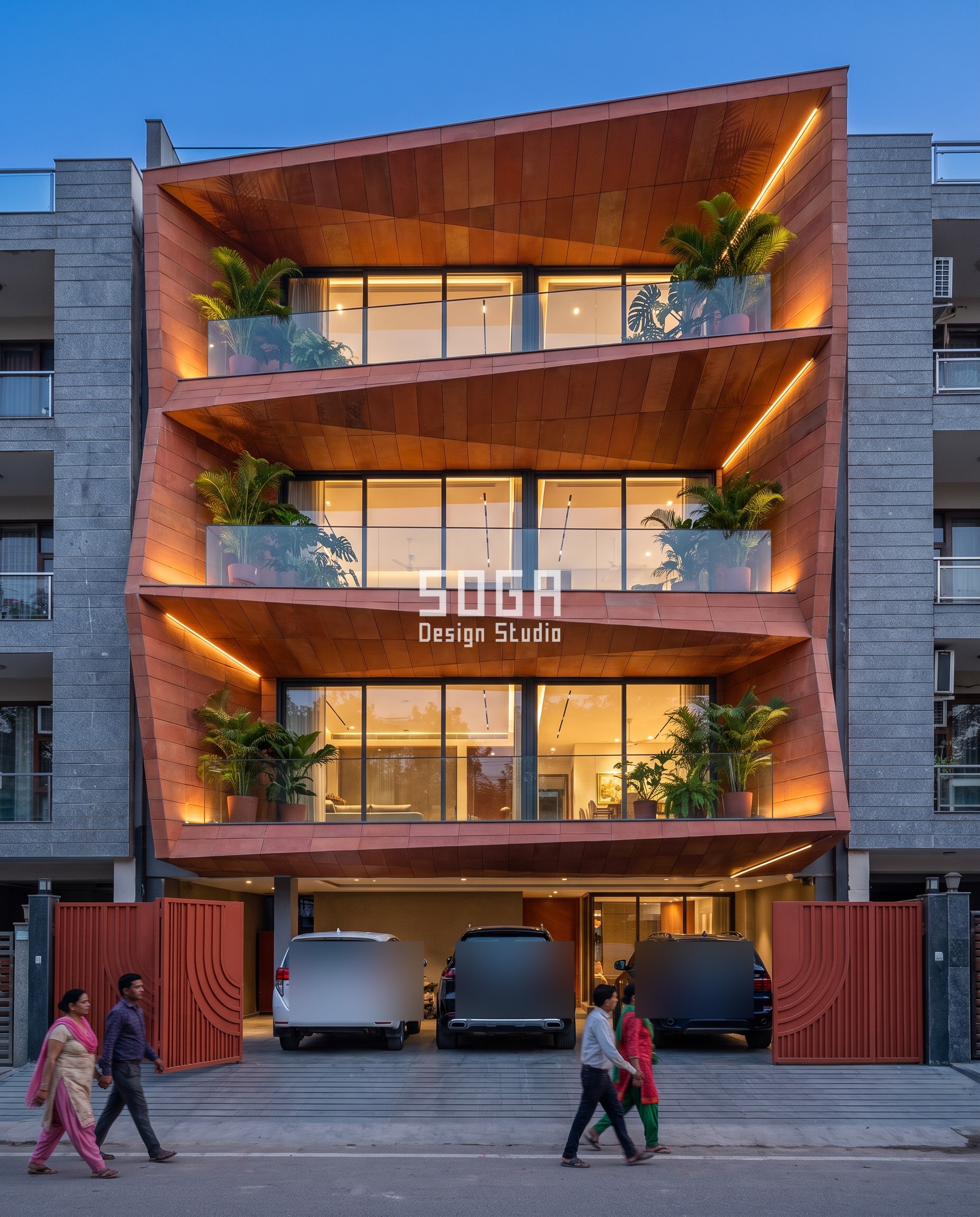 Textured vs Smooth House Facade Design: India Guide 5 Terracotta faceted tray facade in Gurugram at blue hour, each floor slab rotated 9 degrees and cantilevering up to 1000mm so the stack twists upward - a sculptural smooth-finish case in the textured vs smooth house facade design india comparison.