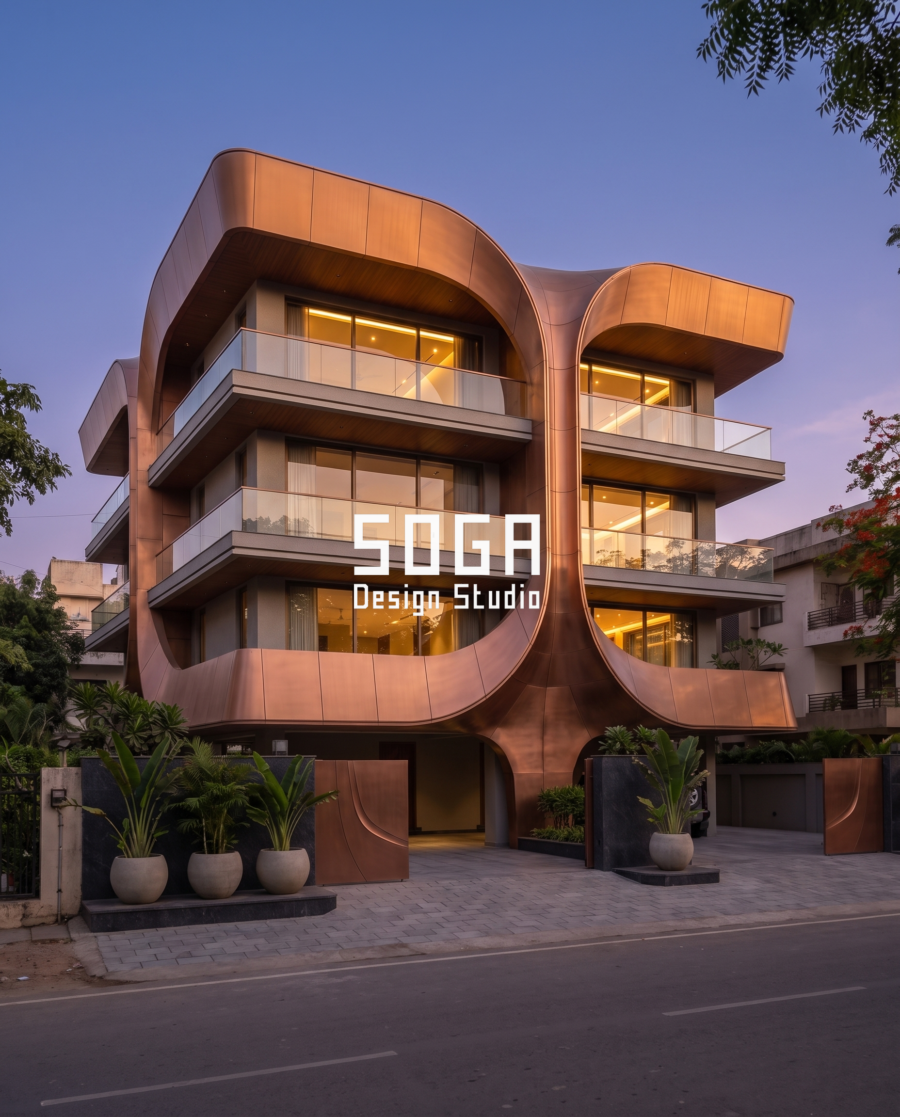 Two unit house elevation concept at dusk, copper-tone canopies branching over twin homes