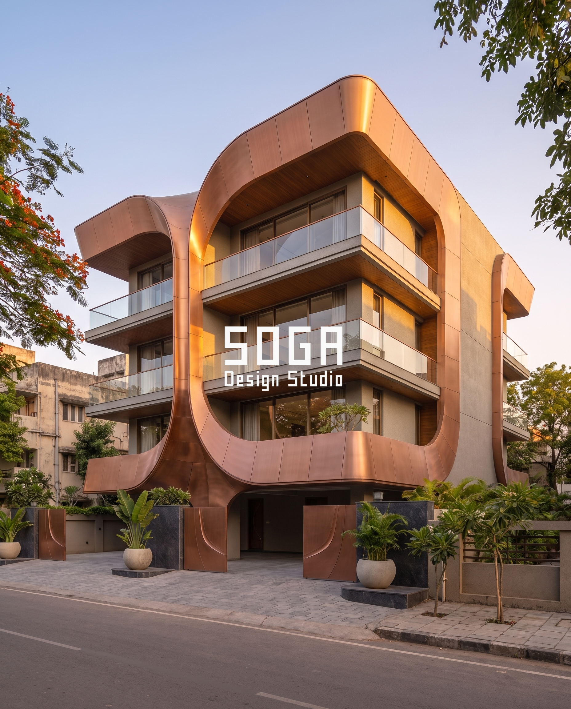 Two unit house elevation concept, corner view showing the rounded balcony frames and copper-tone curve