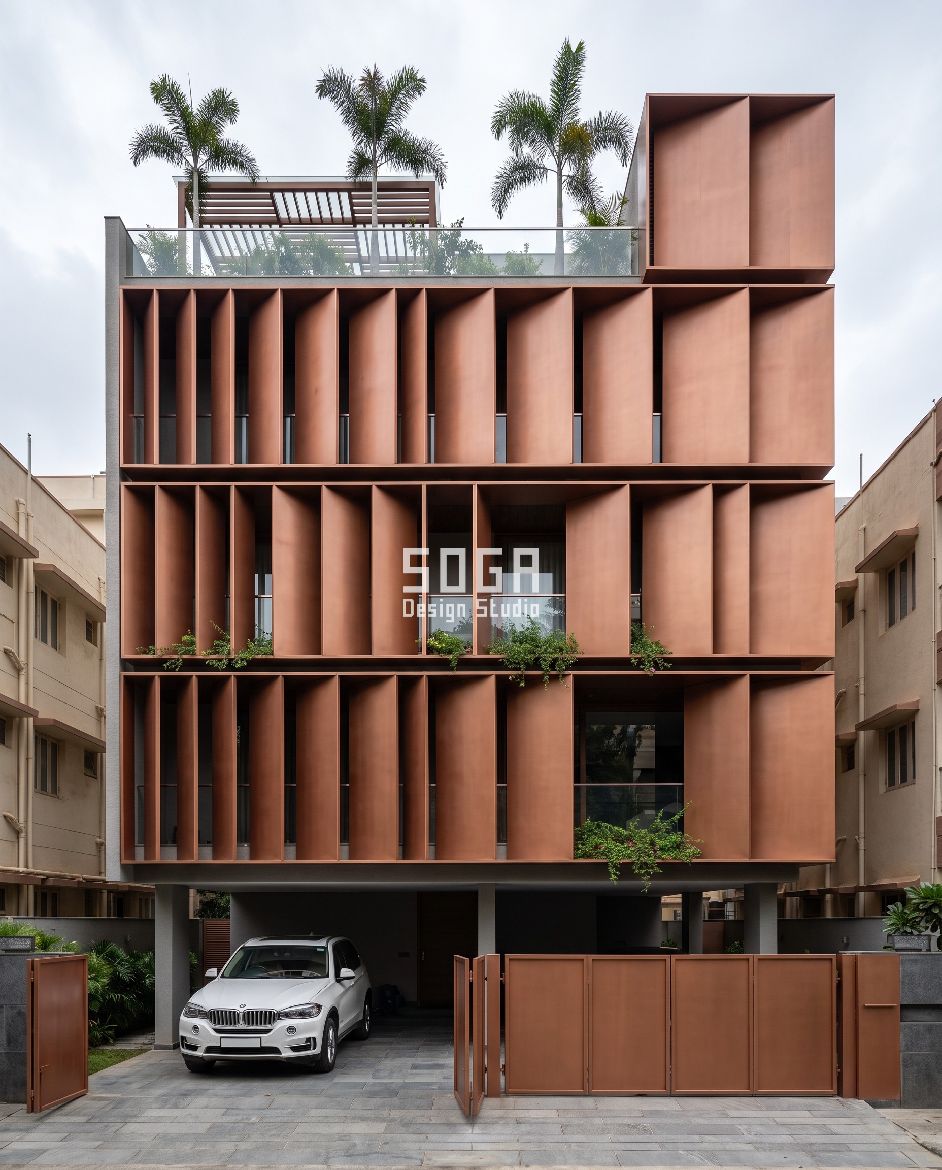 Water Tank Screen Design: 5 House Facades In India 2 Water tank screen design house facade india: satin copper-alloy louvre boxes deepen across this Bengaluru Indiranagar residence, the vented tank-bay box fully conceals the rooftop 1000-litre water tank with no gap exposing it from the street.