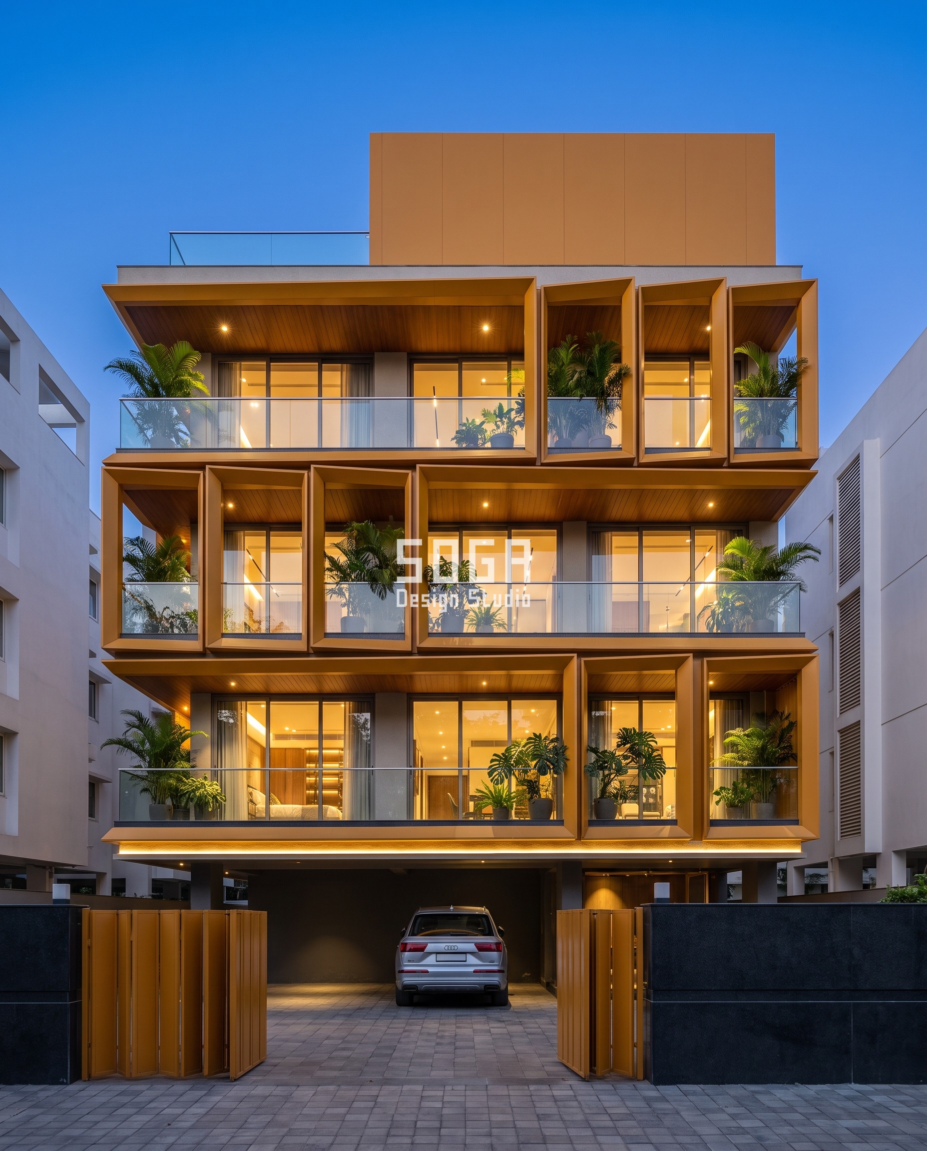 Water Tank Screen Design: 5 House Facades In India 4 Water tank screen design house facade india: honey-amber PVDF-coated aluminium exoskeleton frames fold from 6 to 42 degrees across this Mumbai Bandra residence, the capped frame band fully conceals the rooftop lift machine-room overrun from the street.
