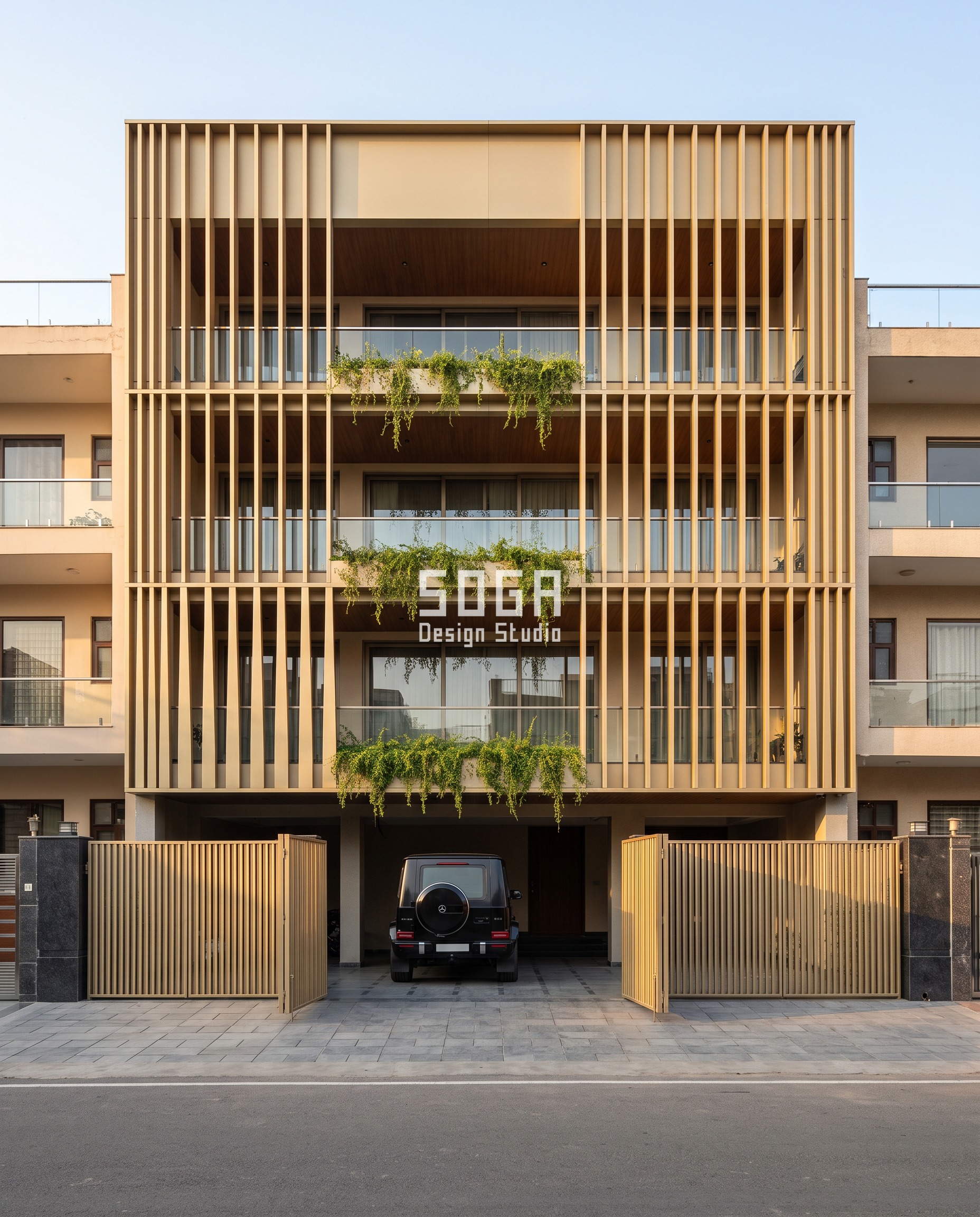 Water Tank Screen Design: 5 House Facades In India 1 Water tank screen design house facade india: champagne-gold anodised aluminium fins taper from 220mm at the ground floor to 30mm at the parapet on this Noida Sector 50 residence, the tank-bay fin and its closed capping plate fully conceal the rooftop 2000-litre water tank from the street.