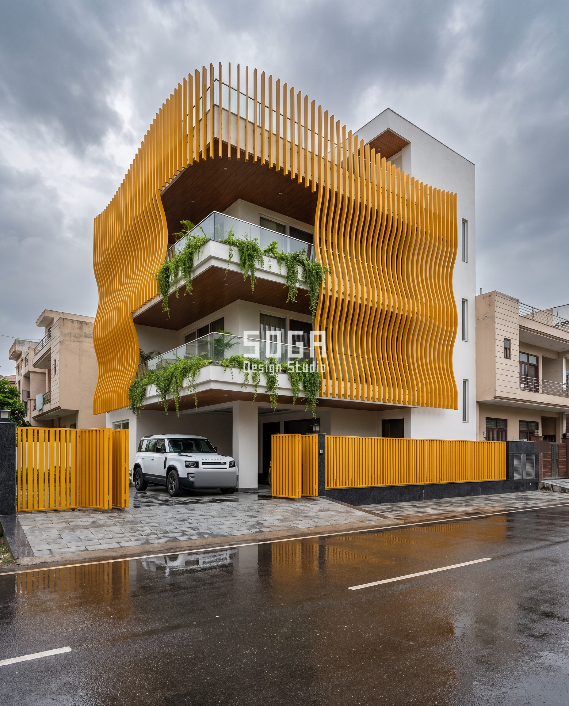 Continuous Facade Gesture: One Move Across Every Floor 2 One continuous facade gesture across floors in India - saffron-yellow aluminium blade fins ripple in a 400 mm sine wave across this Gurugram corner house, never resetting at a slab line.