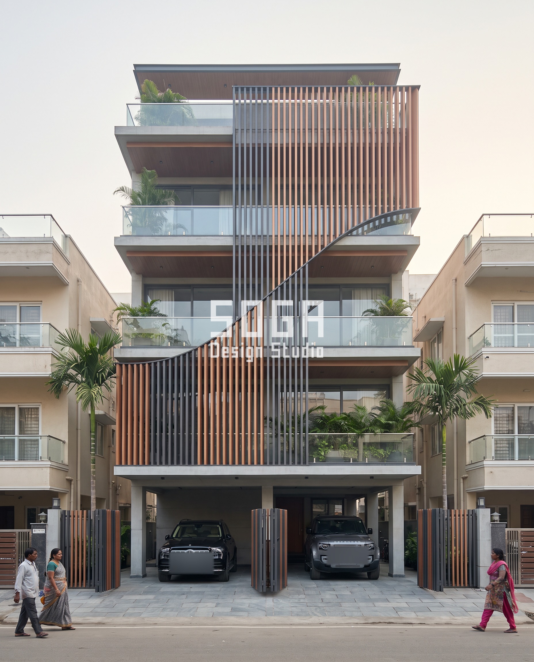 Carved Louver Field / Fins two tone facade, Chennai - SOGA Design Studio