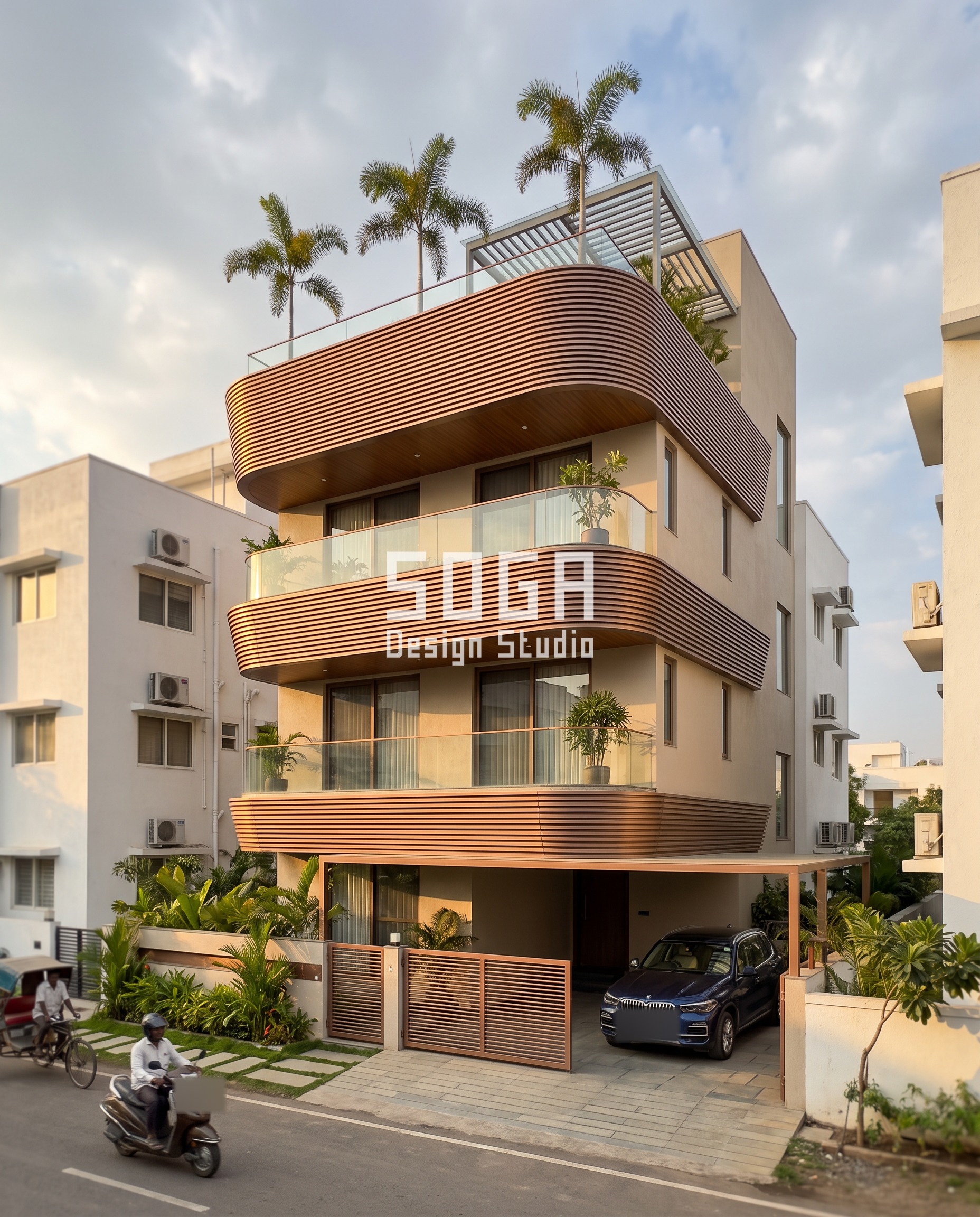 Undulating Slab Ribbons / Ribbed copper bronze facade, Pune - SOGA Design Studio