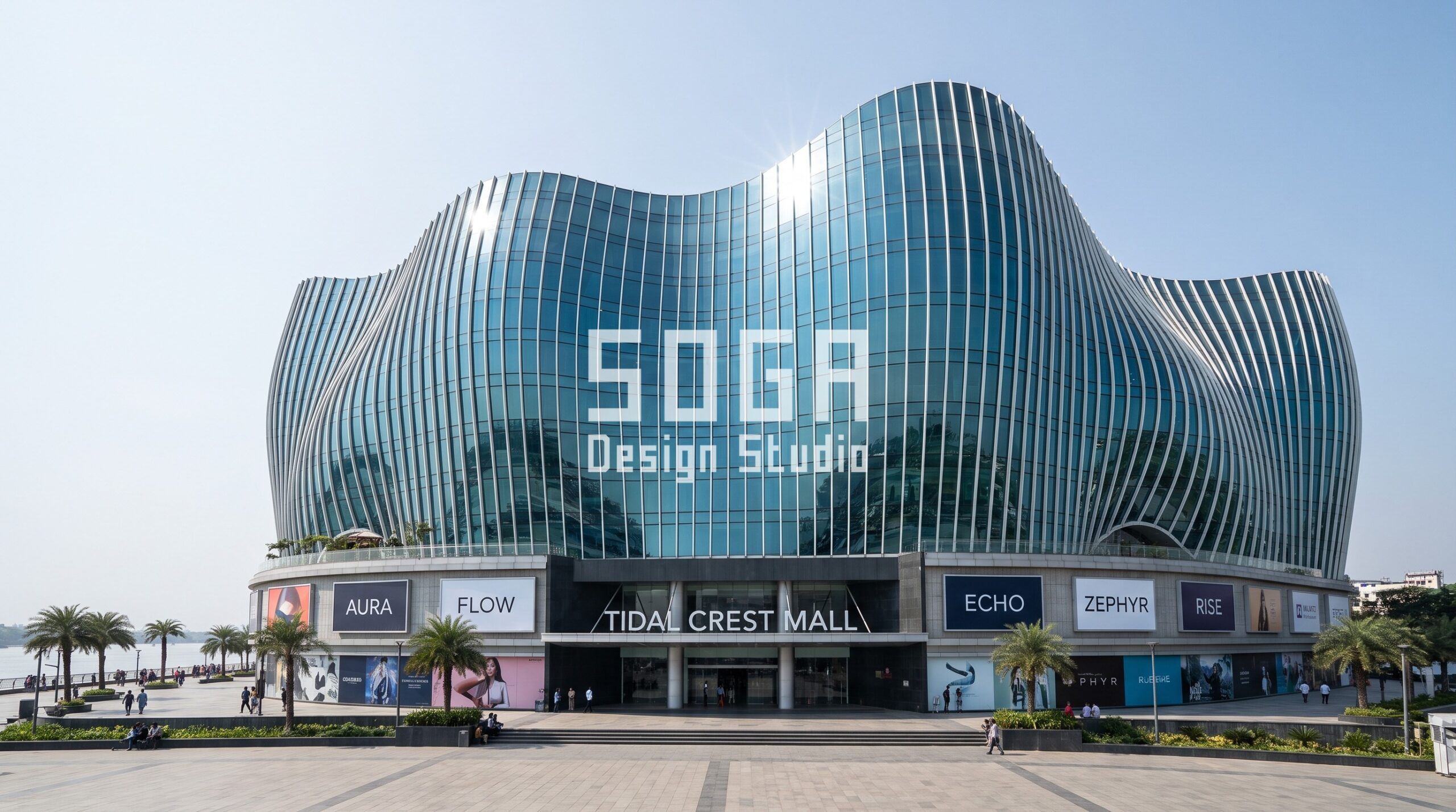 Parametric glass and metal Indian mall facades: 8 concepts 7 Tidal Crest Mall Kolkata: undulating glass with pearl-white ribs at 1.2 m spacing, sea-blue glass