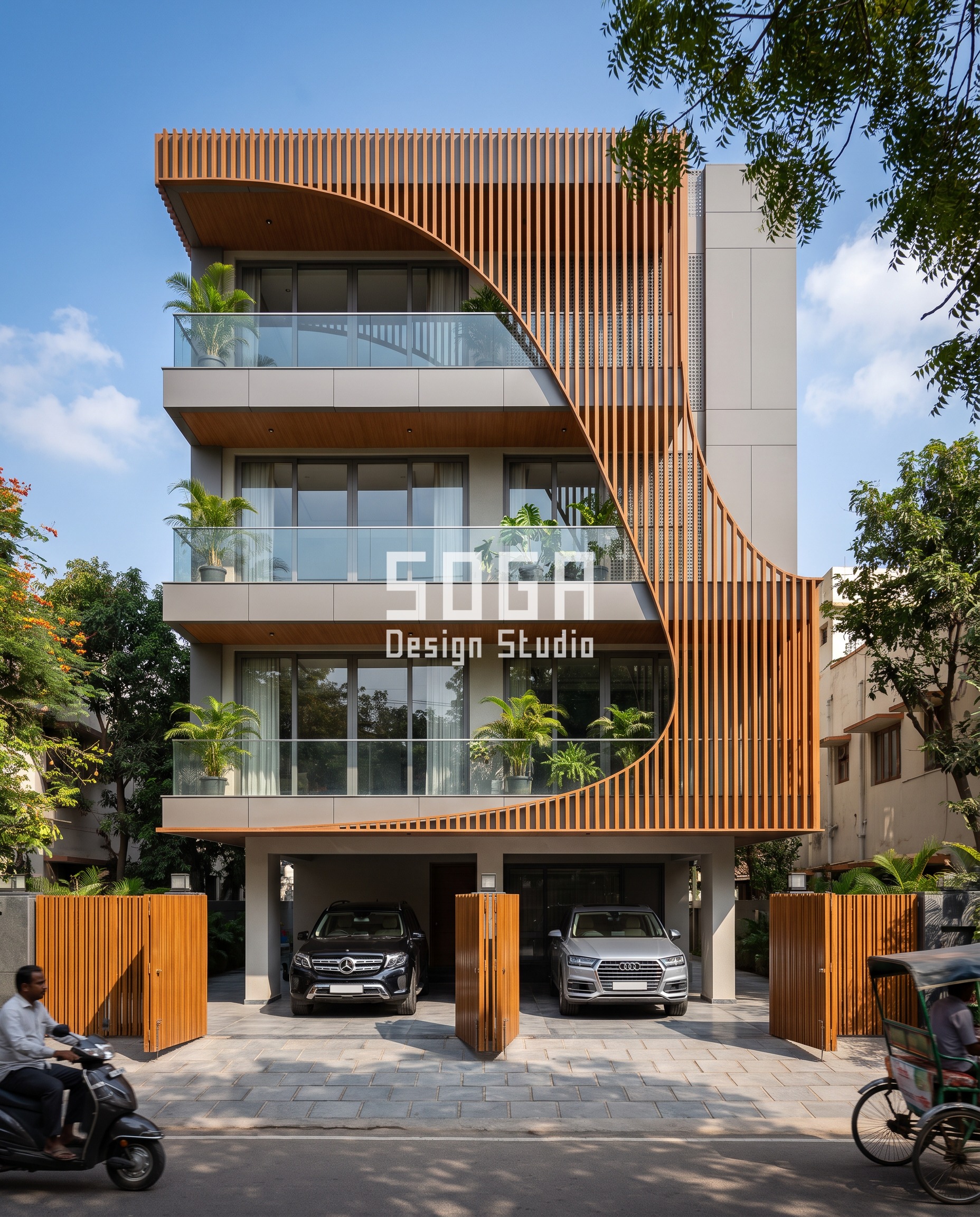 Tilted Frame Elevation Design India: Mumbai Guide 2026 3 Sweeping S-Ribbon / Fins teak wood-finish alu facade, Hyderabad (Jubilee Hills) - SOGA Design Studio