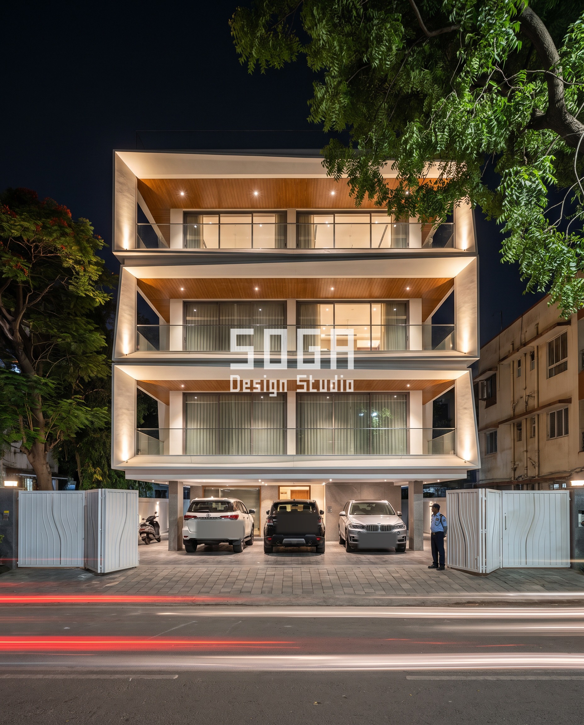 Tilted Frame Elevation Design India: Mumbai Guide 2026 1 Origami Frames & Exoskeleton / Smooth white gfrc facade, Mumbai (Bandra) - SOGA Design Studio