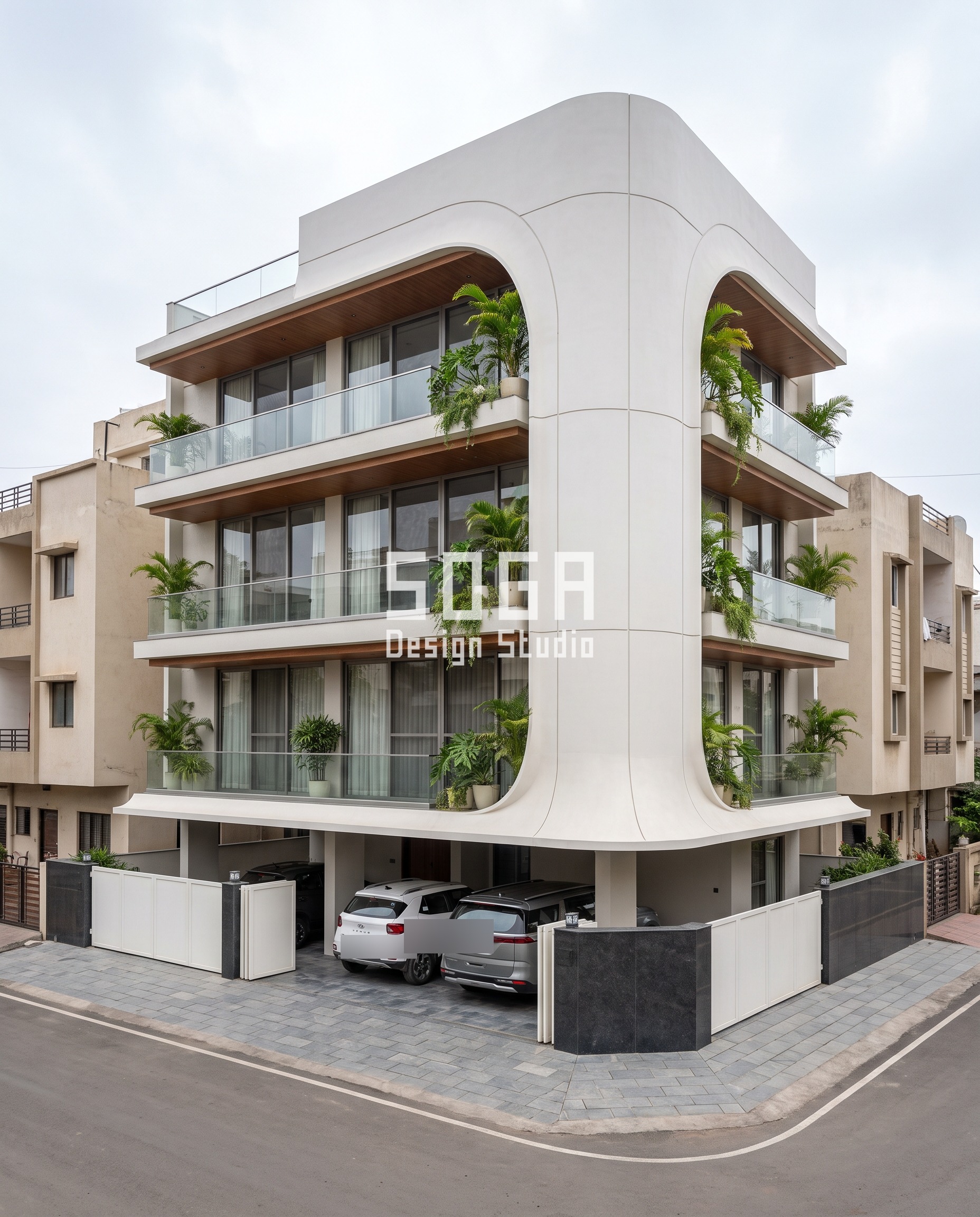 Curved corner facade design, Surat - SOGA Design Studio