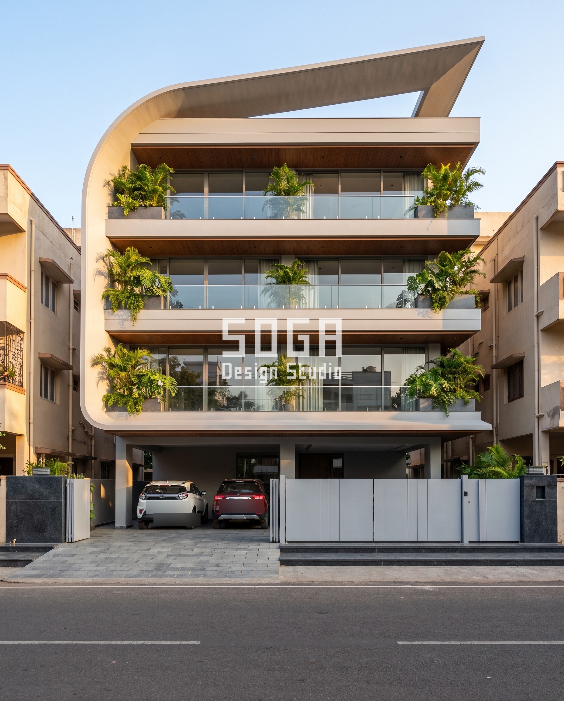Wind-resistant curved roof blade facade design, Visakhapatnam - SOGA Design Studio